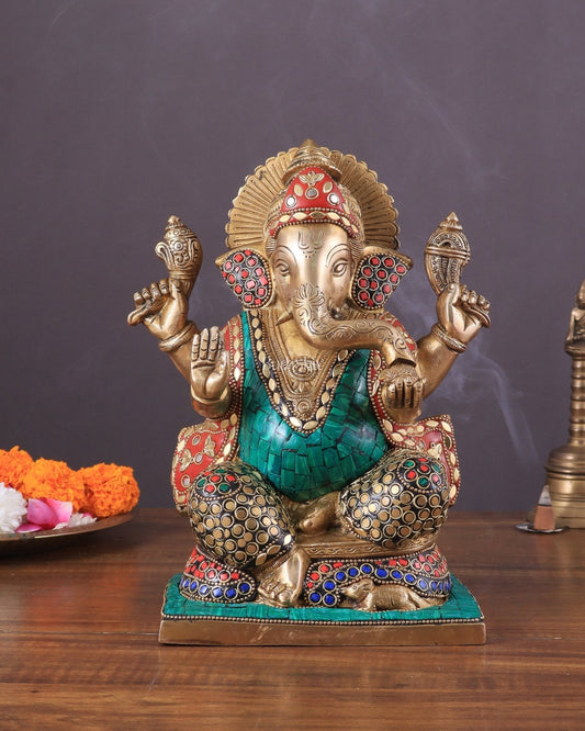 Pure Brass Ganesha Statue with Meenakari Work 10" - Sama Homes Idol - Brass Sculpture