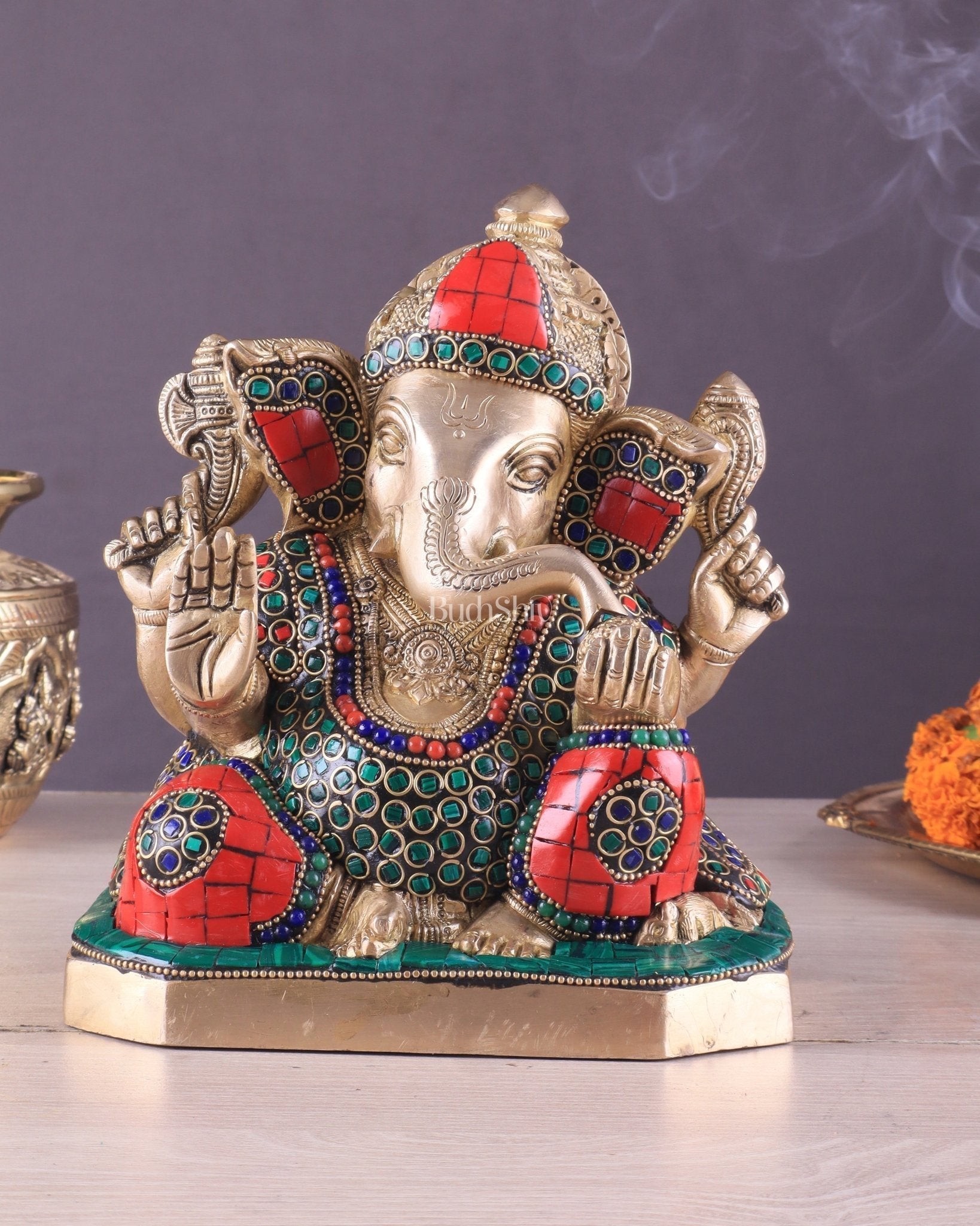 Pure Brass Ganesha Statue with Stonework – 7.5 Inch Elegant Design - Sama Homes Idol - Brass Sculpture - Eco-friendly - Sama Homes