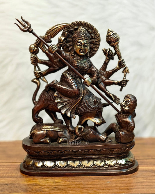 Pure Brass Goddess Durga as Mahishasura Mardini Idol - 13.5-Inch - Sama Homes Idol - Brass Sculpture