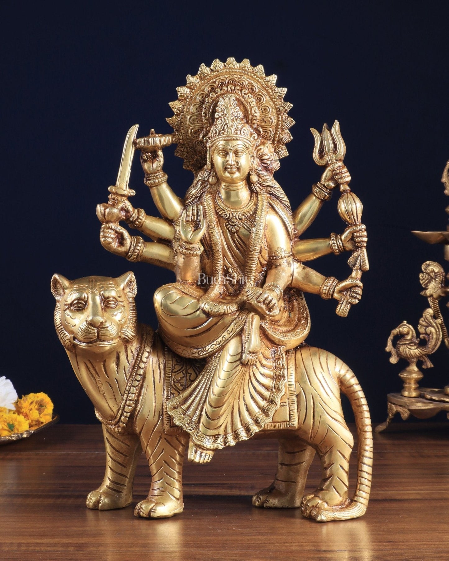 Pure Brass Goddess Durga Sherawali Mata on Tiger 12 inch - Sama Homes Idol - Brass Sculpture