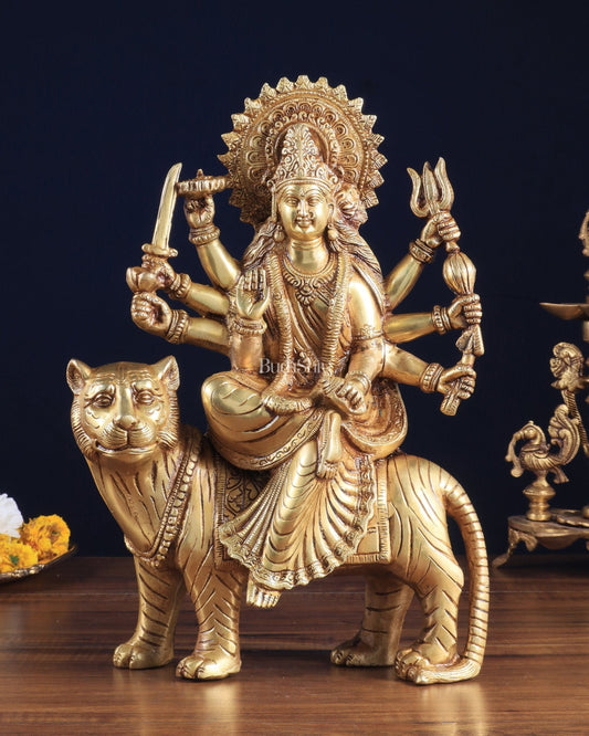 Pure Brass Goddess Durga Sherawali Mata on Tiger 12 inch - Sama Homes Idol - Brass Sculpture