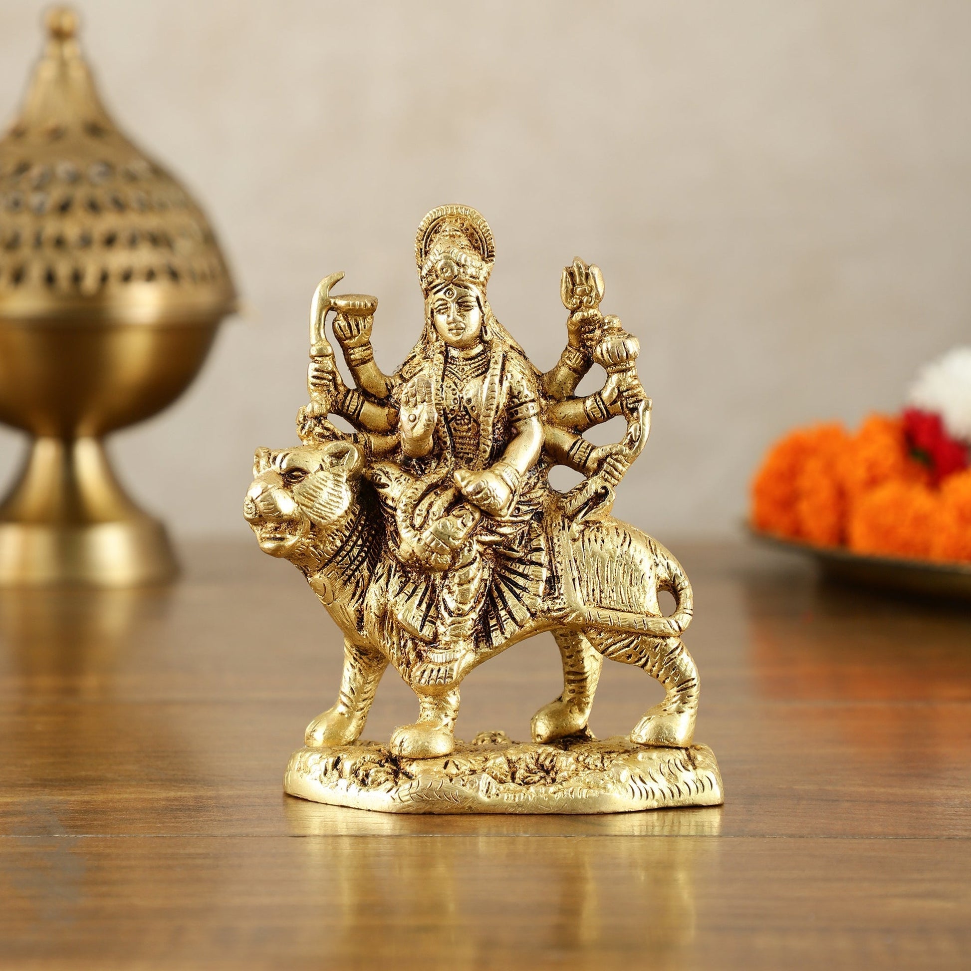 Pure Brass Goddess Durga Sitting on Tiger Idol - 6 Inch - Sama Homes Idol - Brass Sculpture - Eco-friendly - Sama Homes