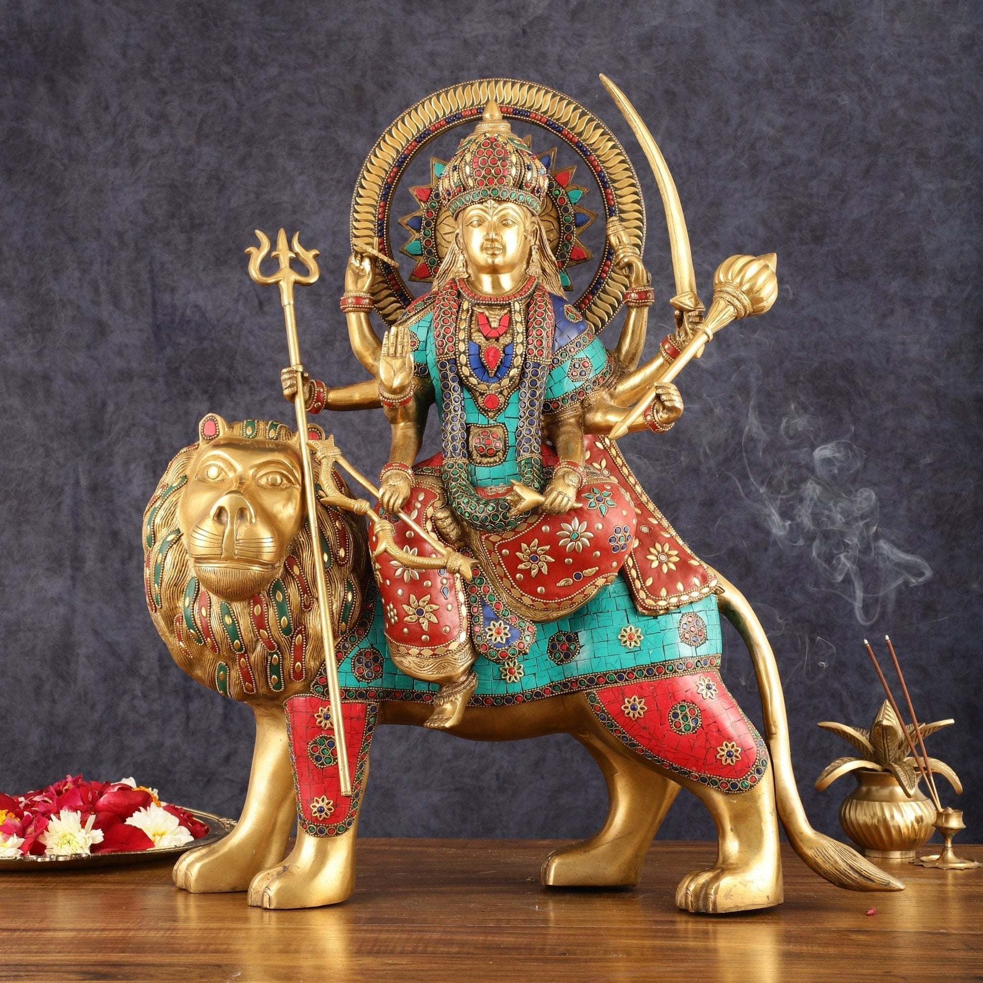 Pure Brass Goddess Durga Statue with Meenakari Work - 22 Inch - Sama Homes Idol - Brass Sculpture - Eco-friendly - Sama Homes