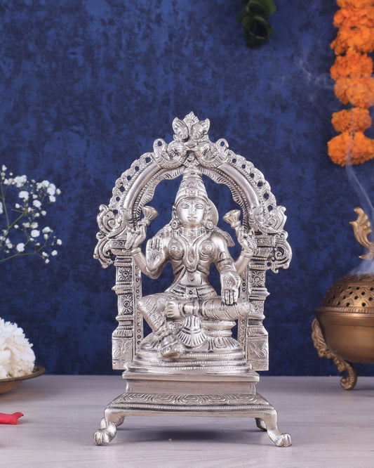 Pure Brass Goddess Lakshmi Seated on a Throne – Silver Plated Idol 8" - Sama Homes Idol - Brass Sculpture