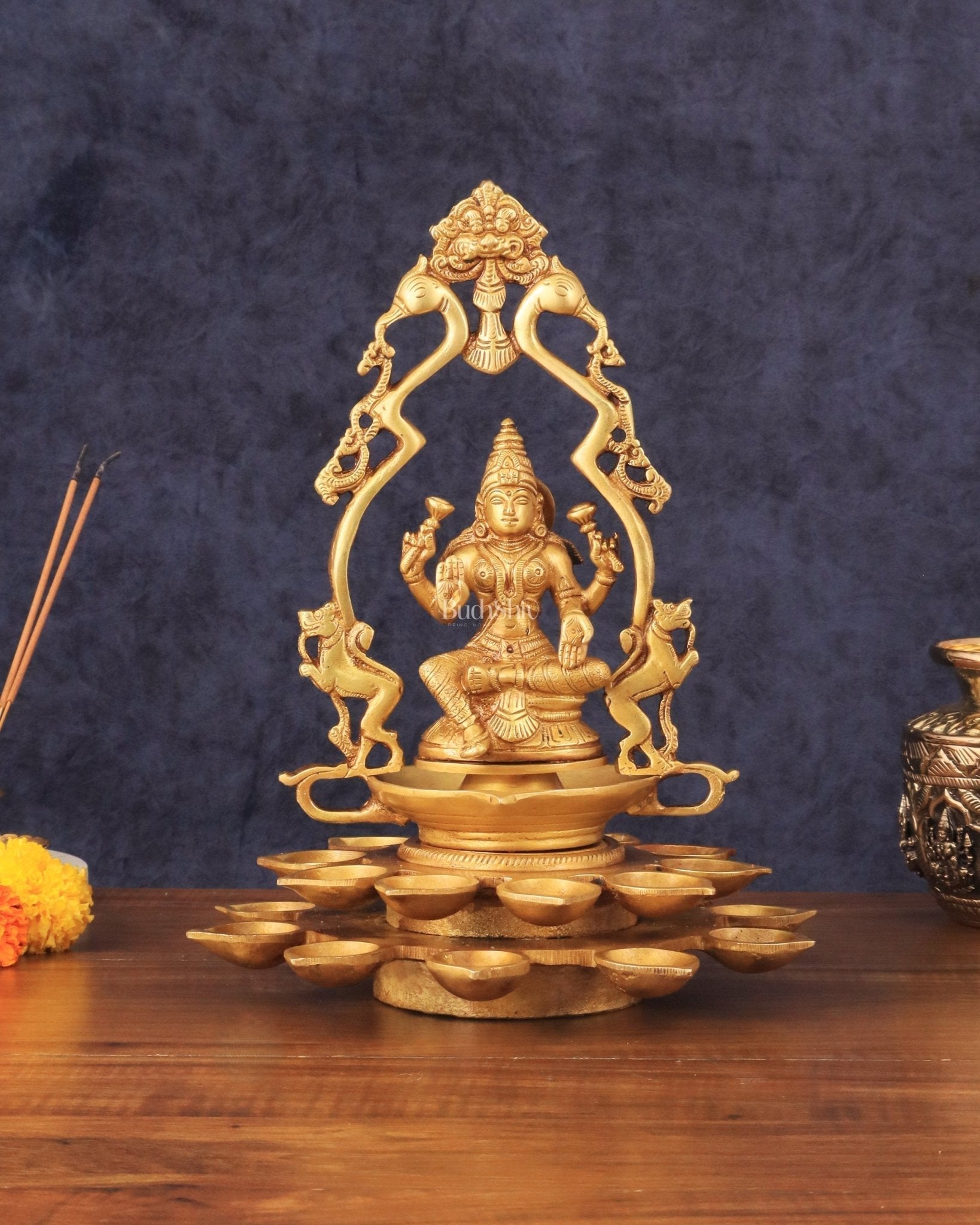 Pure Brass Goddess Lakshmi Statue with Diyas and Thiruvarchi Frame - 12" - Sama Homes Idol - Brass Sculpture - Eco-friendly - Sama Homes