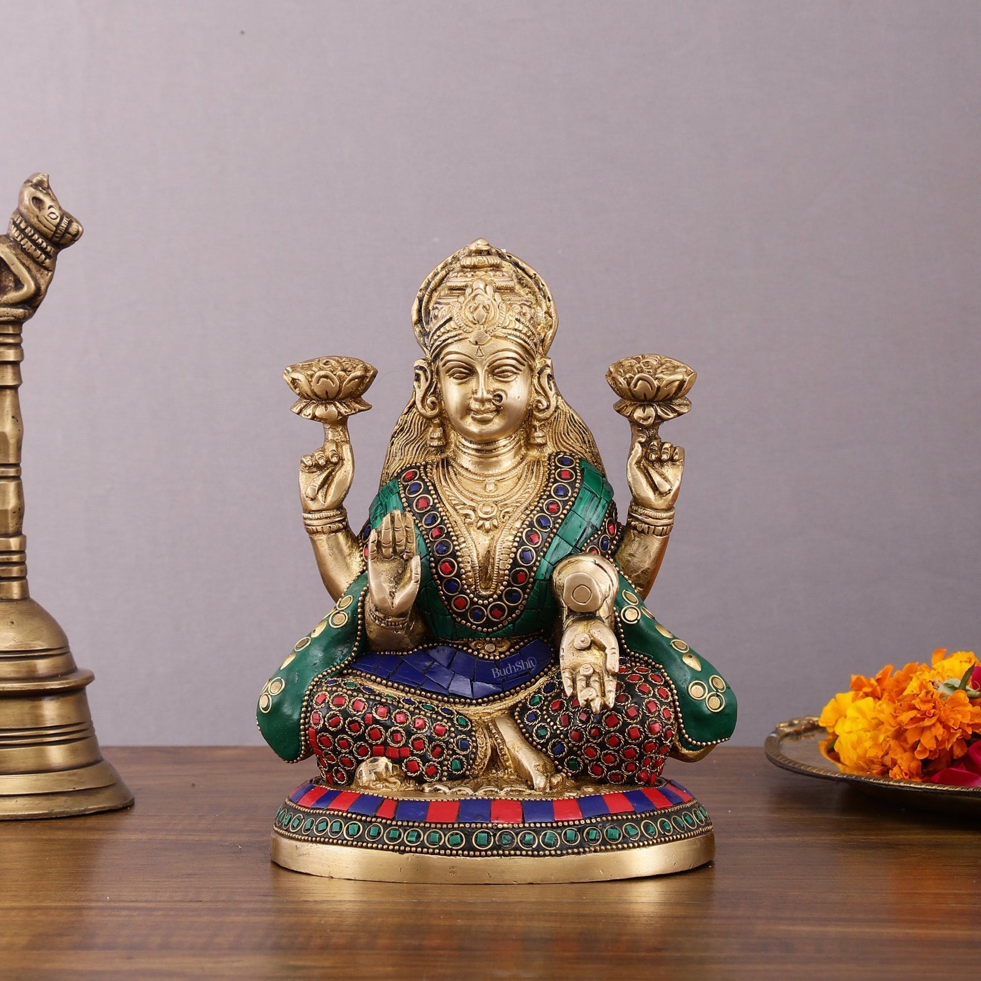 Pure Brass Goddess Lakshmi Statue with Meenakari Stonework – 8 inch - Sama Homes Idol - Brass Sculpture - Eco-friendly - Sama Homes
