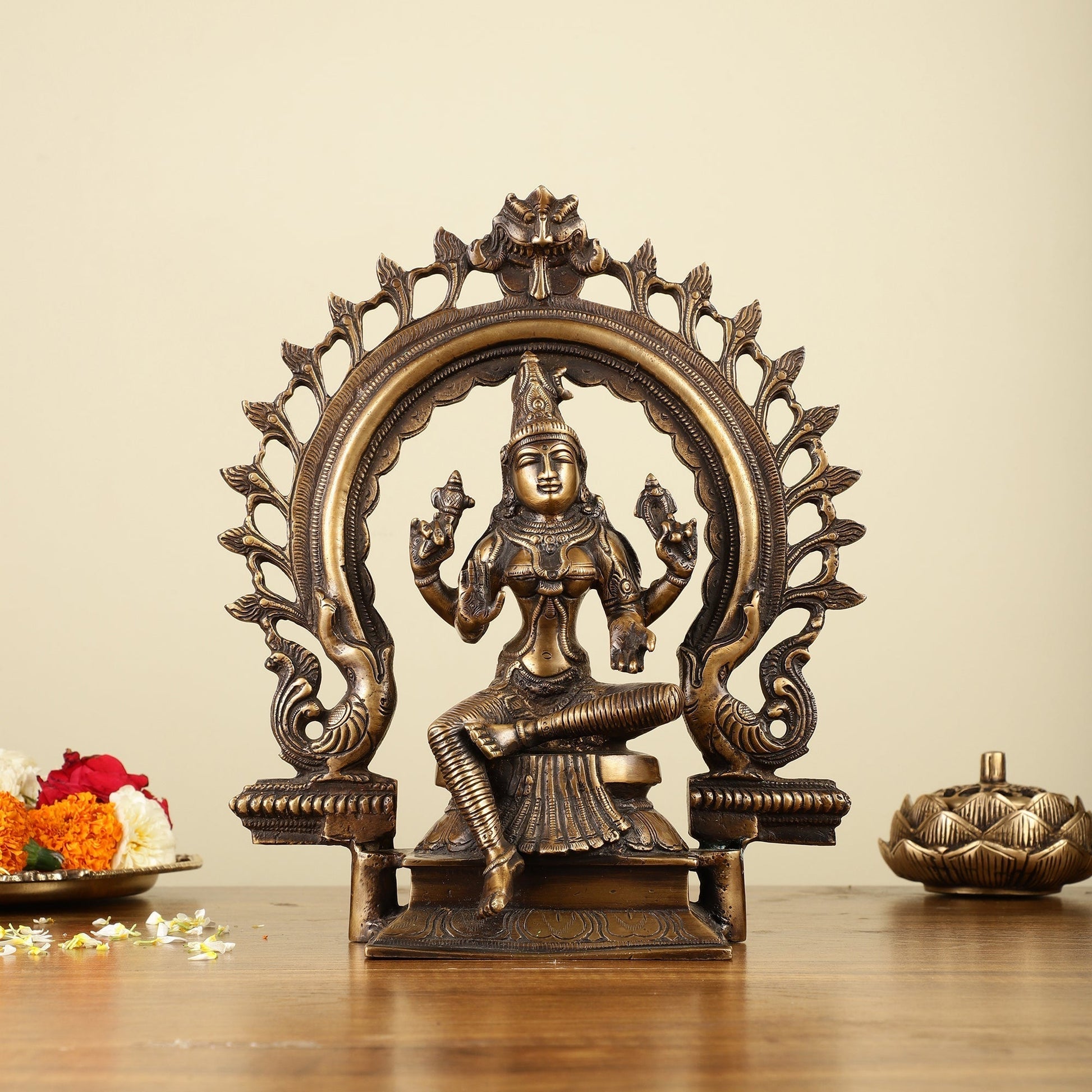 Pure Brass Goddess Lakshmi with Prabhaval Idol 10" - Sama Homes Idol - Brass Sculpture - Eco-friendly - Sama Homes