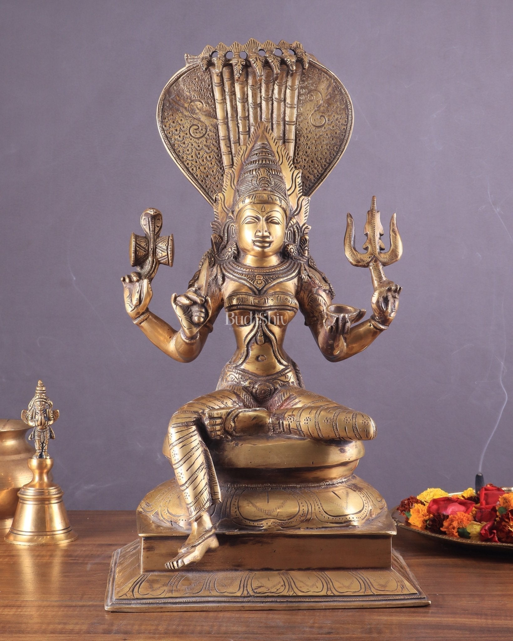 Pure Brass Goddess Mariamman Statue – Hindu Goddess of Rain 19" - Sama Homes Idol - Brass Sculpture - Eco-friendly - Sama Homes
