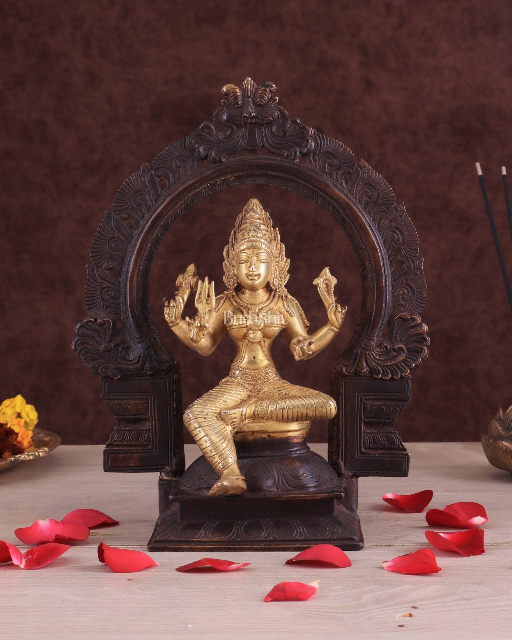 Pure Brass Goddess Mariamman with Prabhavali - Dual Copper Tone - 9" - Sama Homes Idol - Brass Sculpture - Eco-friendly - Sama Homes
