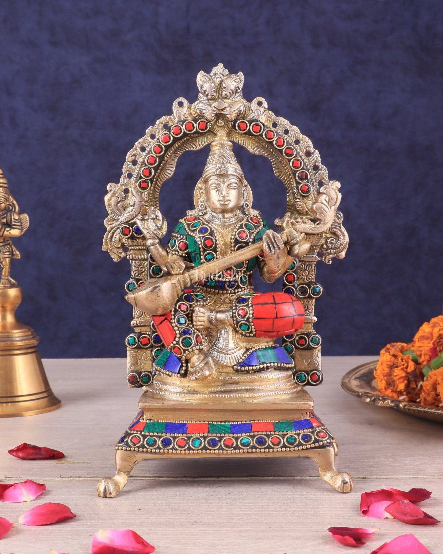 Pure Brass Goddess Saraswati Idol | Meenakari Stonework 8" - Sama Homes Idol - Brass Sculpture