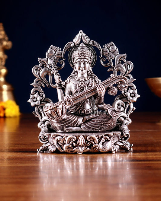 Pure Brass Goddess Saraswati Idol silver plated – 4” superfine - Sama Homes Idol - Brass Sculpture