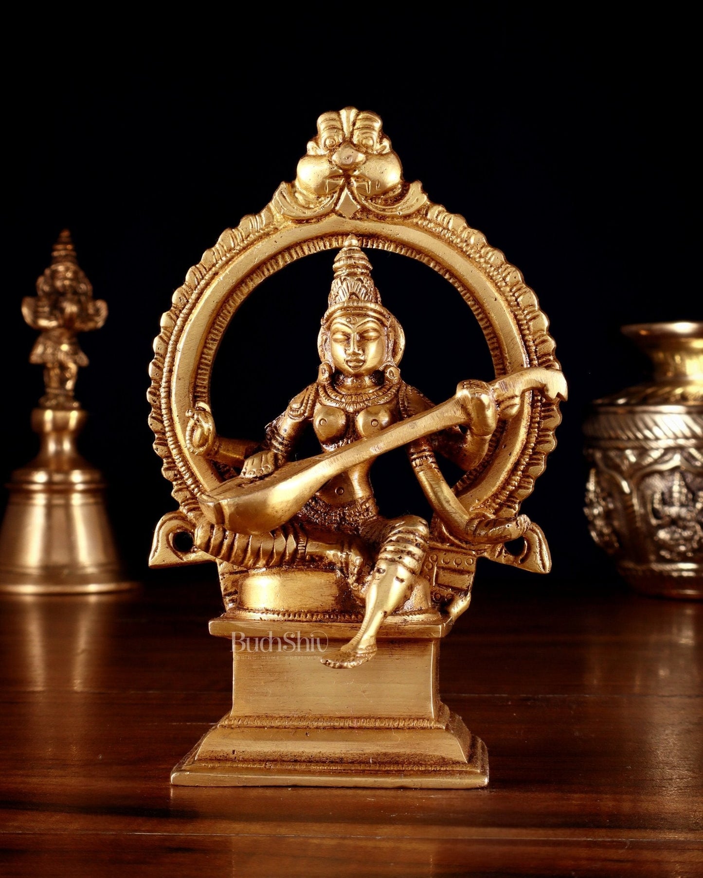Pure Brass Goddess Saraswati Idol with Prabhavali 6" - Sama Homes Idol - Brass Sculpture