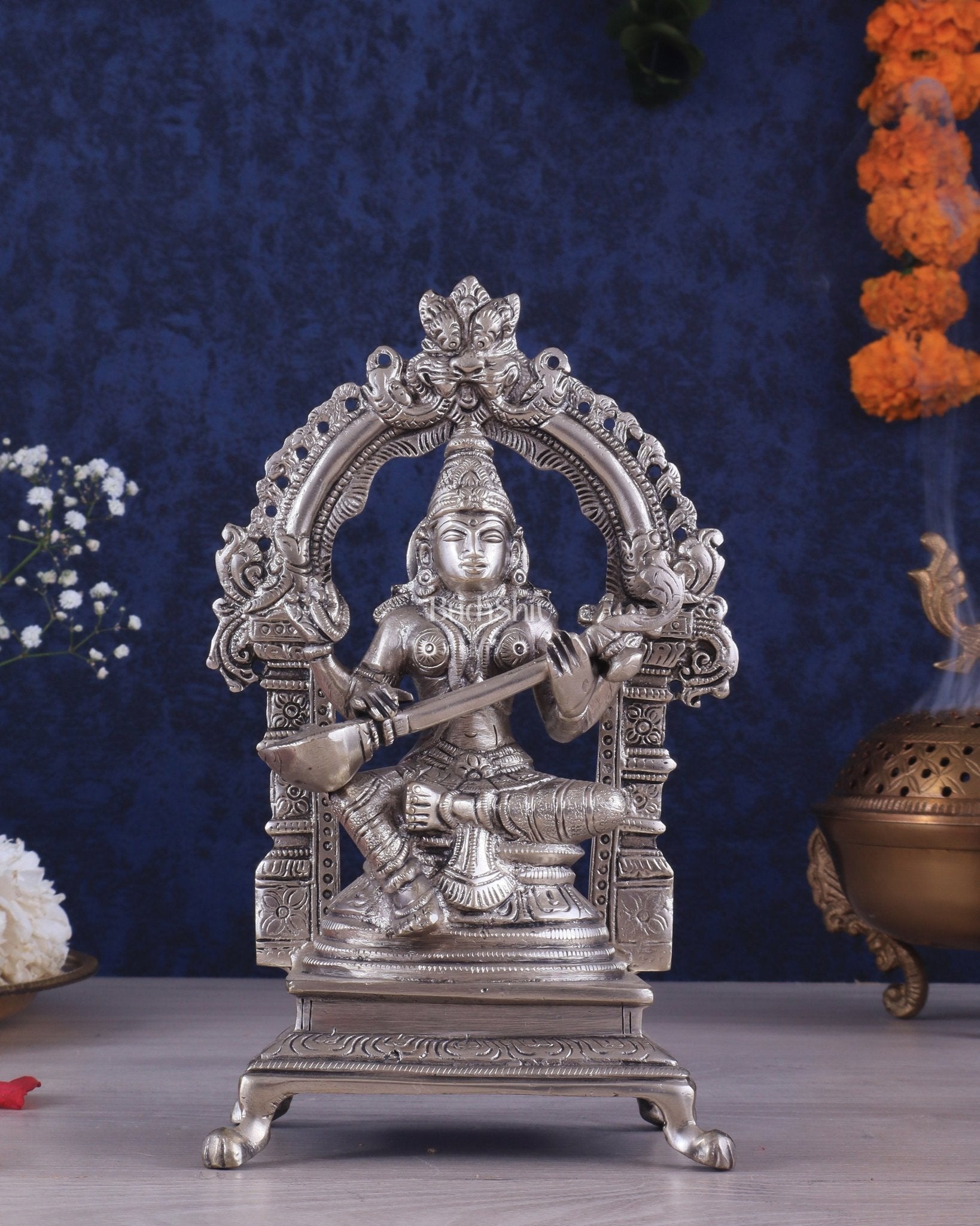 Pure Brass Goddess Saraswati Seated on a Throne – Silver Plated Idol 8.2" - Sama Homes Idol - Brass Sculpture - Eco-friendly - Sama Homes