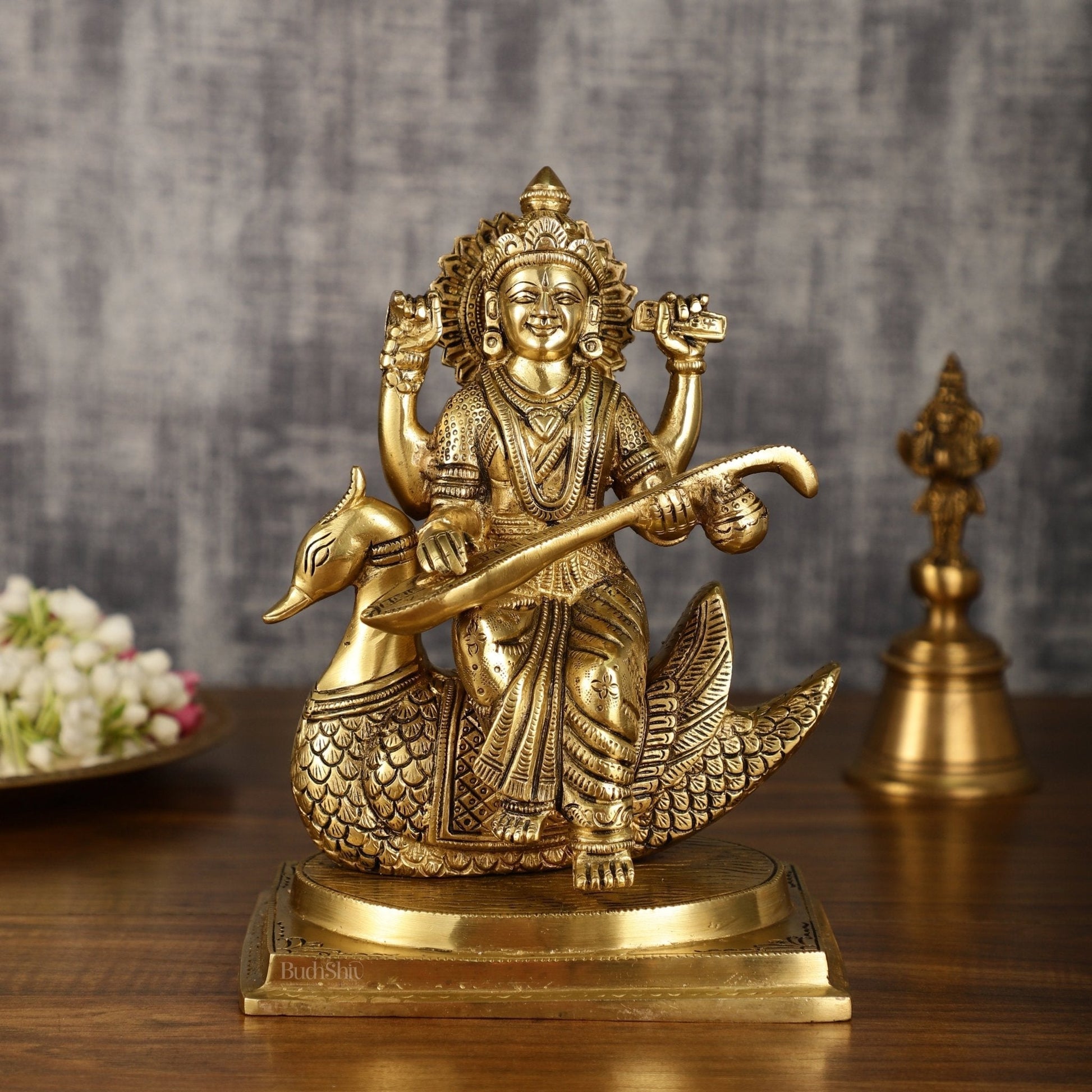 Pure Brass Goddess Saraswati Sitting on Swan Idol | 9 Inch Height | 4 KG - Sama Homes Idol - Brass Sculpture - Eco-friendly - Sama Homes