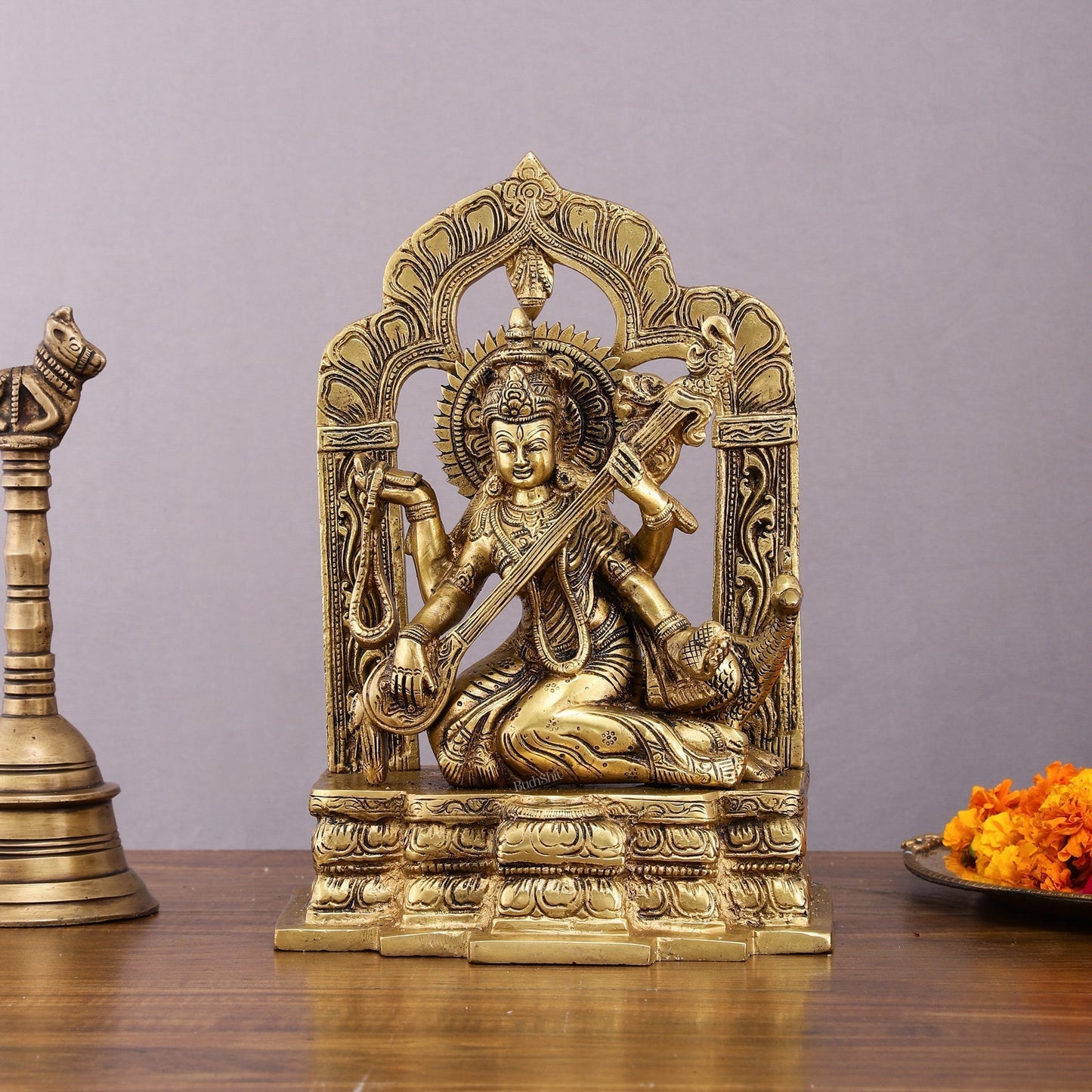 Pure Brass Goddess Saraswati Statue - 11" Divine Craftsmanship - Sama Homes Idol - Brass Sculpture