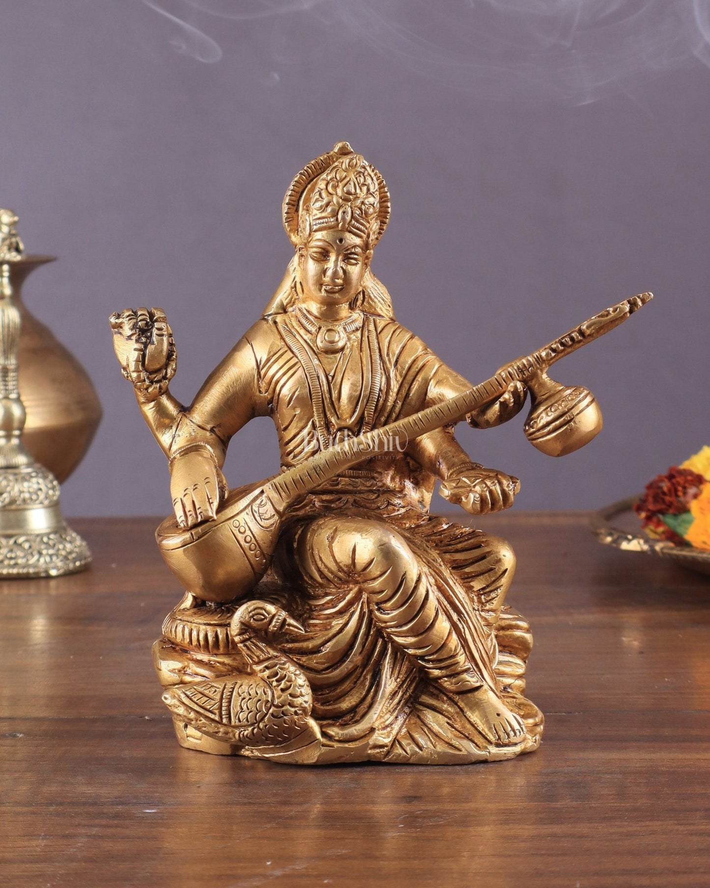 Pure Brass Goddess Saraswati with Swan Idol – 6" Handcrafted Statue - Sama Homes Idol - Brass Sculpture