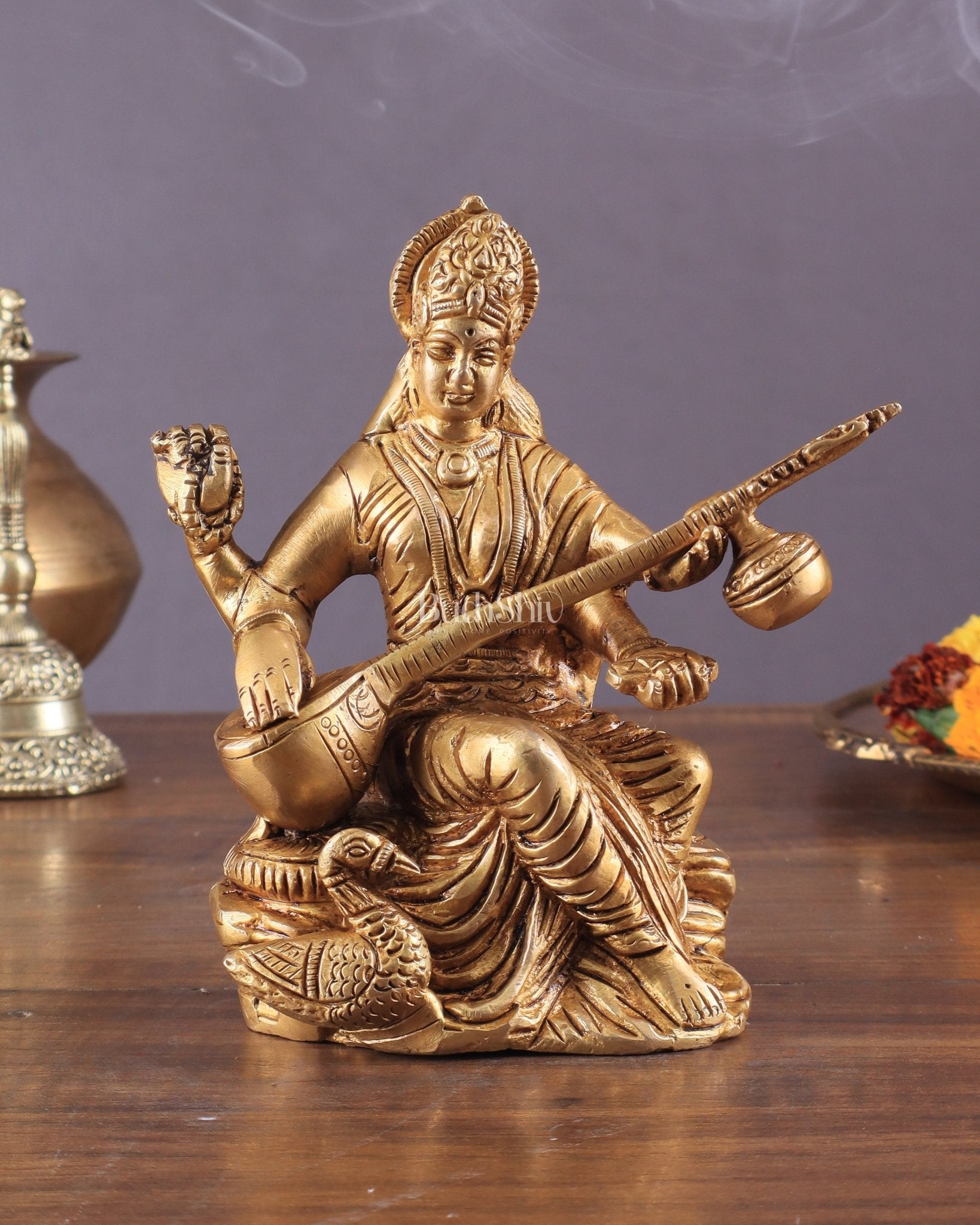 Pure Brass Goddess Saraswati with Swan Idol – 6" Handcrafted Statue - Sama Homes Idol - Brass Sculpture - Eco-friendly - Sama Homes