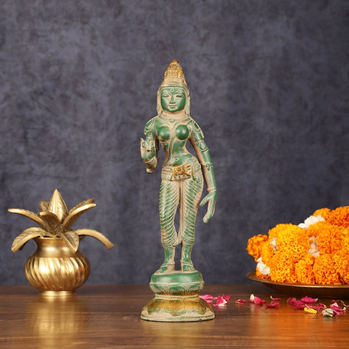 Pure Brass Goddess Uma Parvati Standing Idol in Green Antique Patina Finish - 10" Tall - Sama Homes Idol - Brass Sculpture