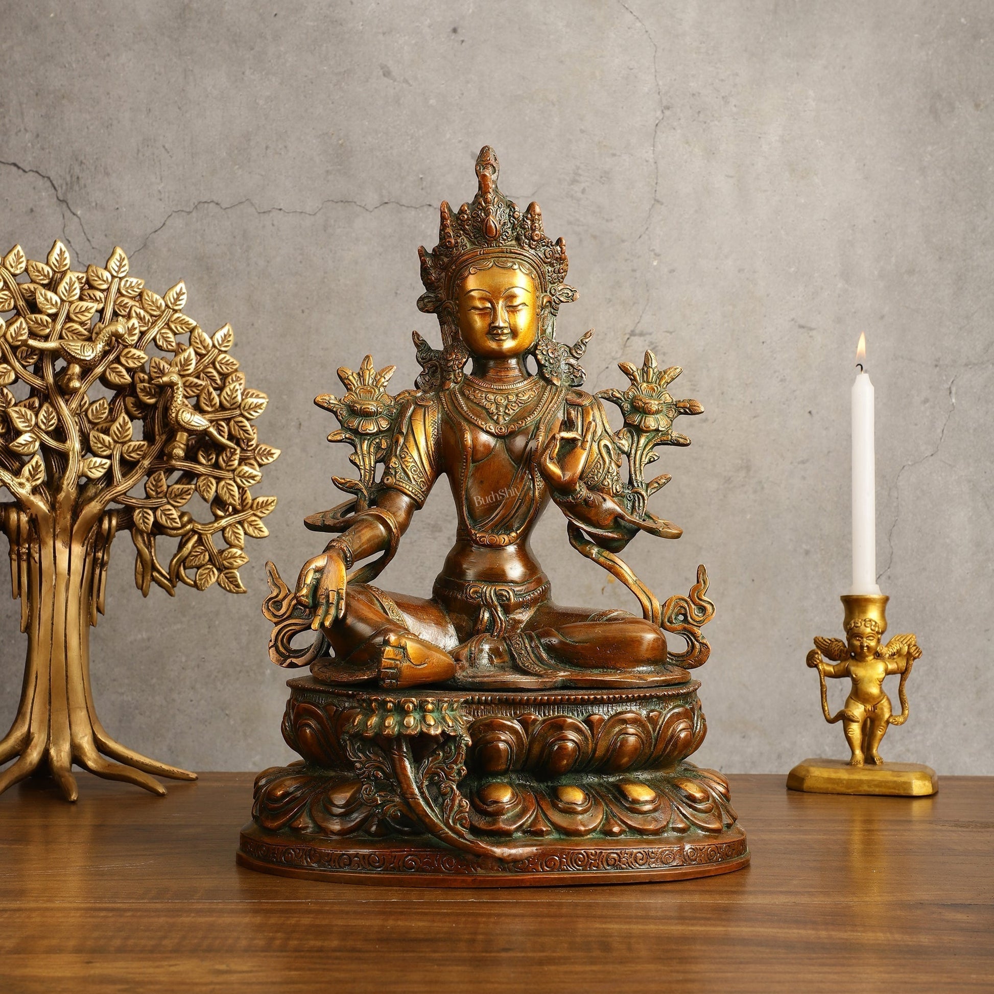 Pure Brass Green Tara Devi Statue - Nepali Orange Finish, 13" Height - Sama Homes Idol - Brass Sculpture - Eco-friendly - Sama Homes