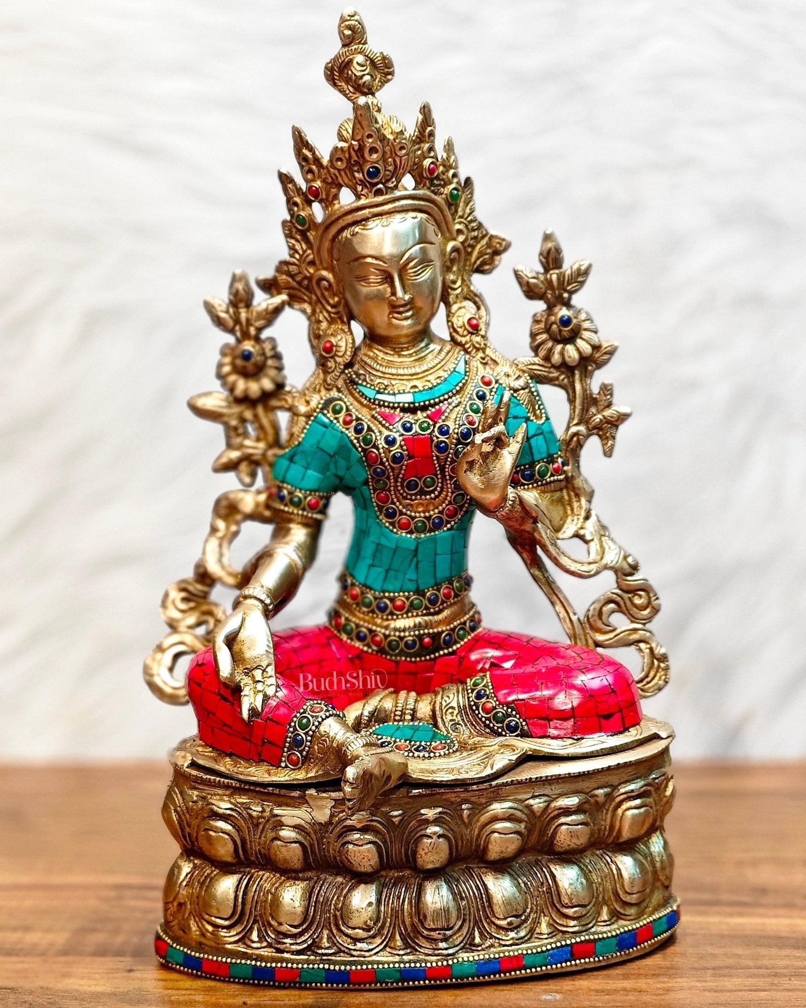 Pure Brass Green Tara Statue | 14 inches Height - Sama Homes Idol - Brass Sculpture - Eco-friendly - Sama Homes