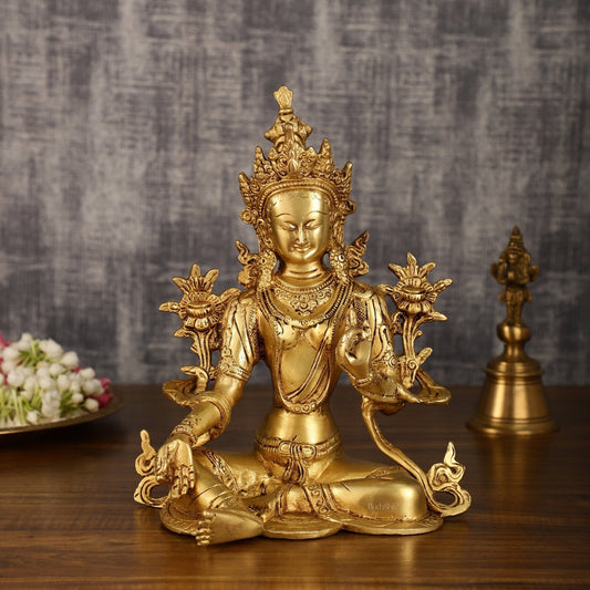 Pure Brass Green Tara Statue with Golden Hue | 10 Inch Height - Sama Homes Idol - Brass Sculpture