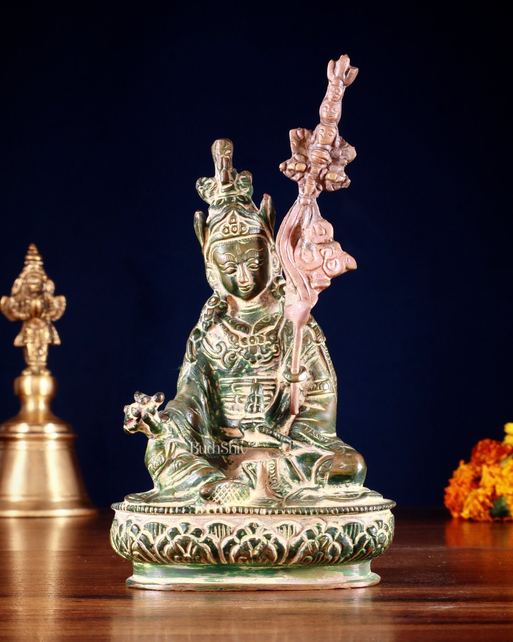 Pure Brass Guru Rinpoche Padmasambhava Statue – 6.5” green tone - Sama Homes Idol - Brass Sculpture - Eco-friendly - Sama Homes