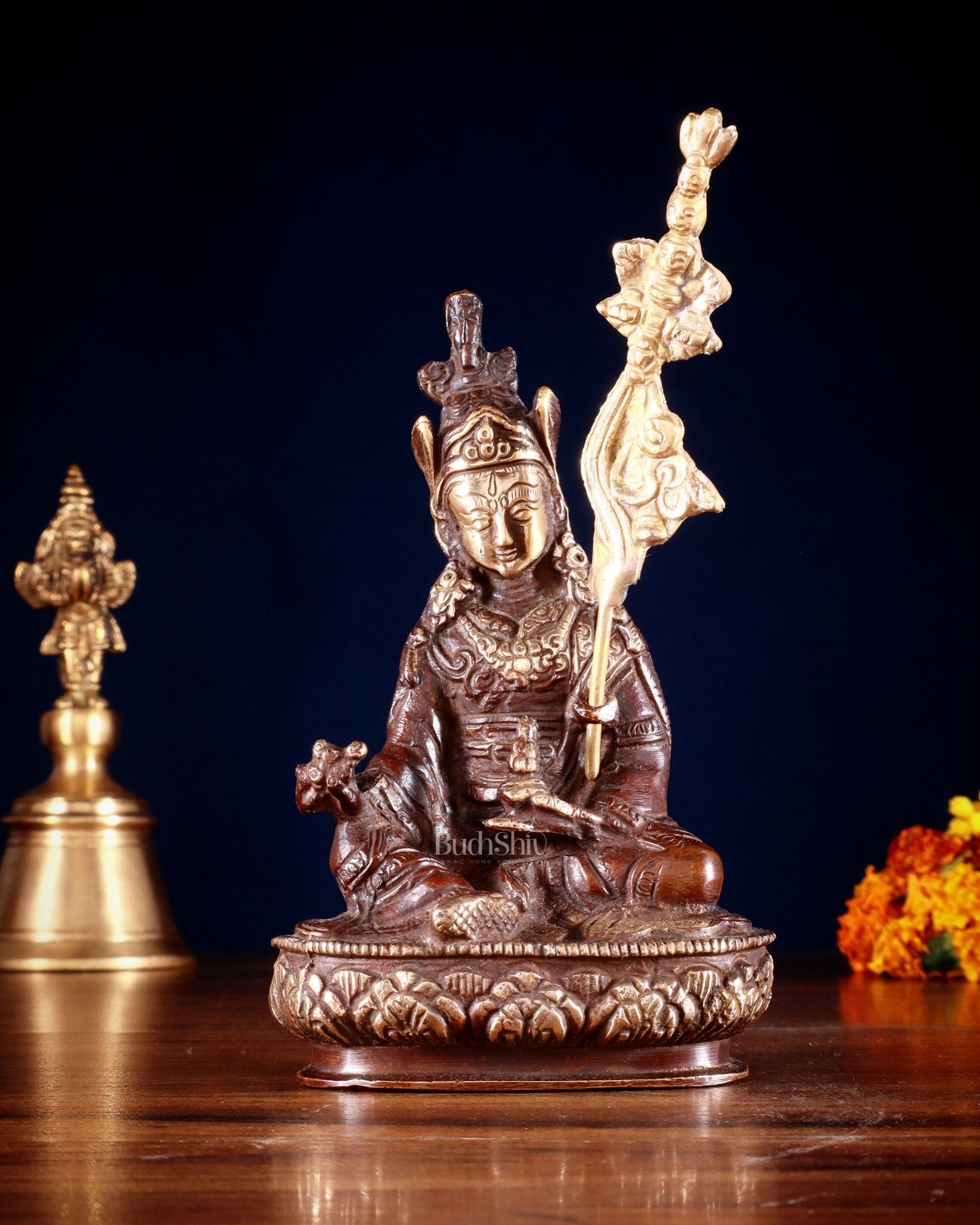 Pure Brass Guru Rinpoche Padmasambhava Statue – 6.5” - Sama Homes Idol - Brass Sculpture - Eco-friendly - Sama Homes