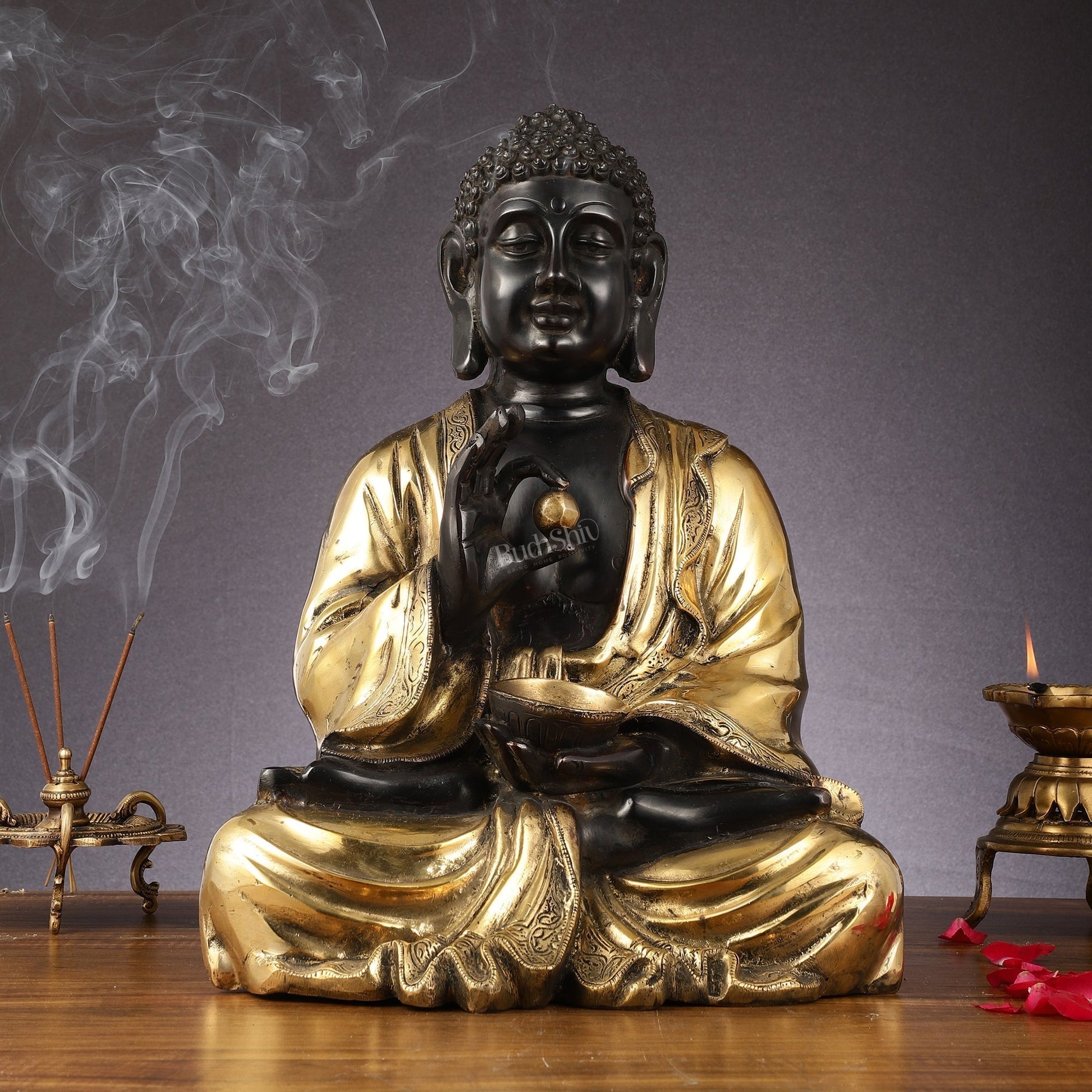 Pure Brass Gyana Buddha with medicine bowl 16 " - Sama Homes Idol - Brass Sculpture - Eco-friendly - Sama Homes
