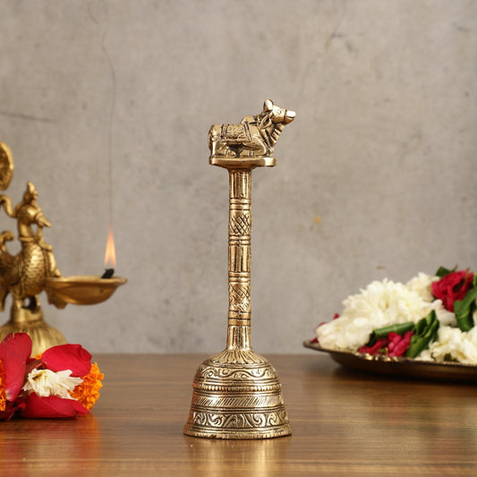 Pure Brass Hand Bell with Nandi - 7 in Height - Sama Homes Idol - Brass Sculpture