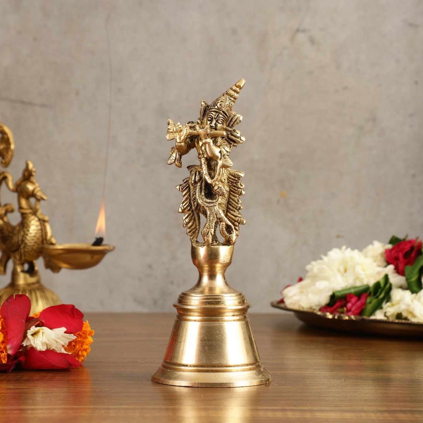 Pure Brass Handcrafted Hand Bell with Krishna - 7 in Height - Sama Homes Idol - Brass Sculpture