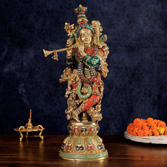 Pure Brass Handcrafted Krishna Statue 21 inch - Sama Homes Idol - Brass Sculpture