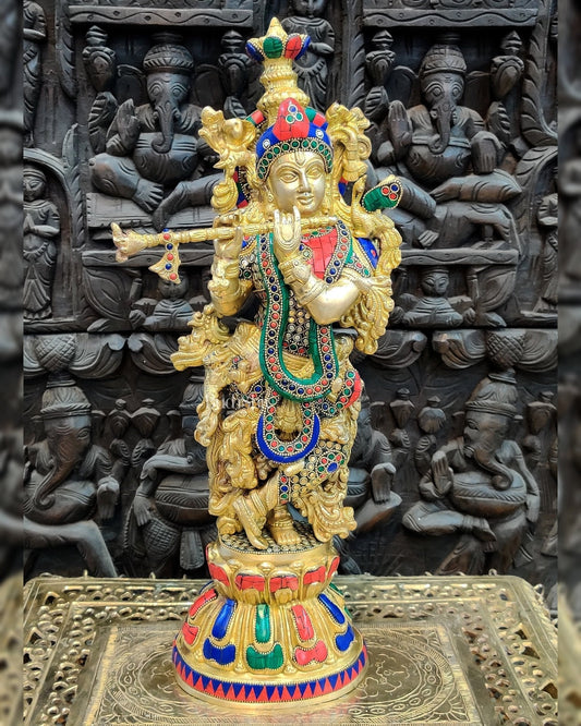 Pure Brass Handcrafted Krishna Statue - 21" with Intricate Stonework - Sama Homes Idol - Brass Sculpture