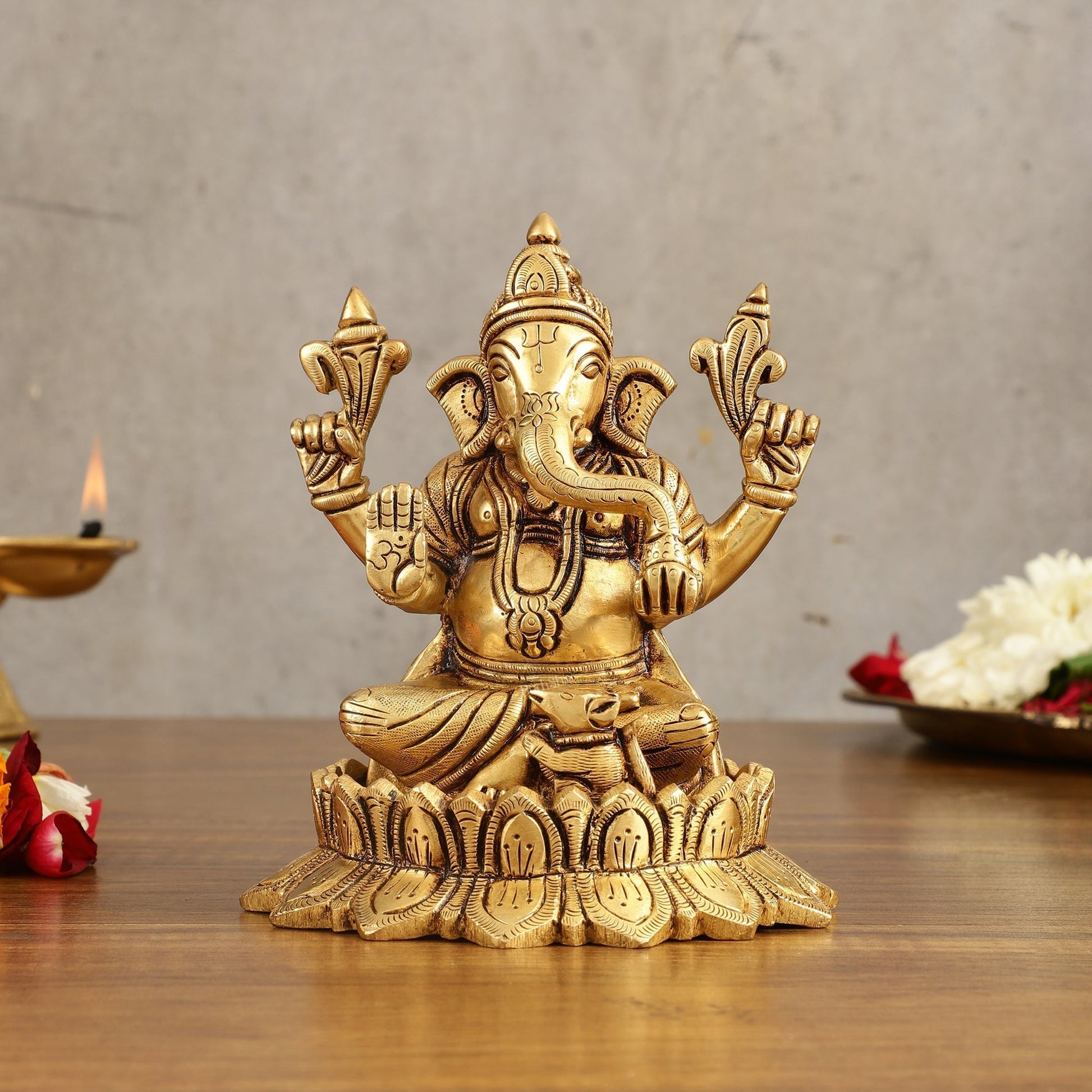 Pure Brass Handcrafted Lord Ganesha on Lotus Idol - 6 in Height - Sama Homes Idol - Brass Sculpture - Eco-friendly - Sama Homes