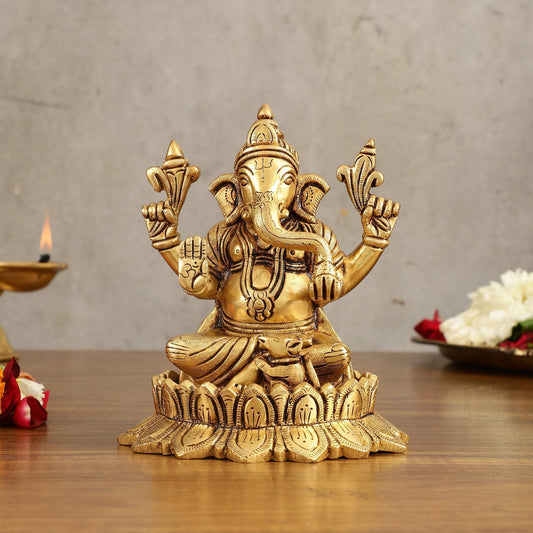 Pure Brass Handcrafted Lord Ganesha on Lotus Idol - 6 in Height - Sama Homes Idol - Brass Sculpture