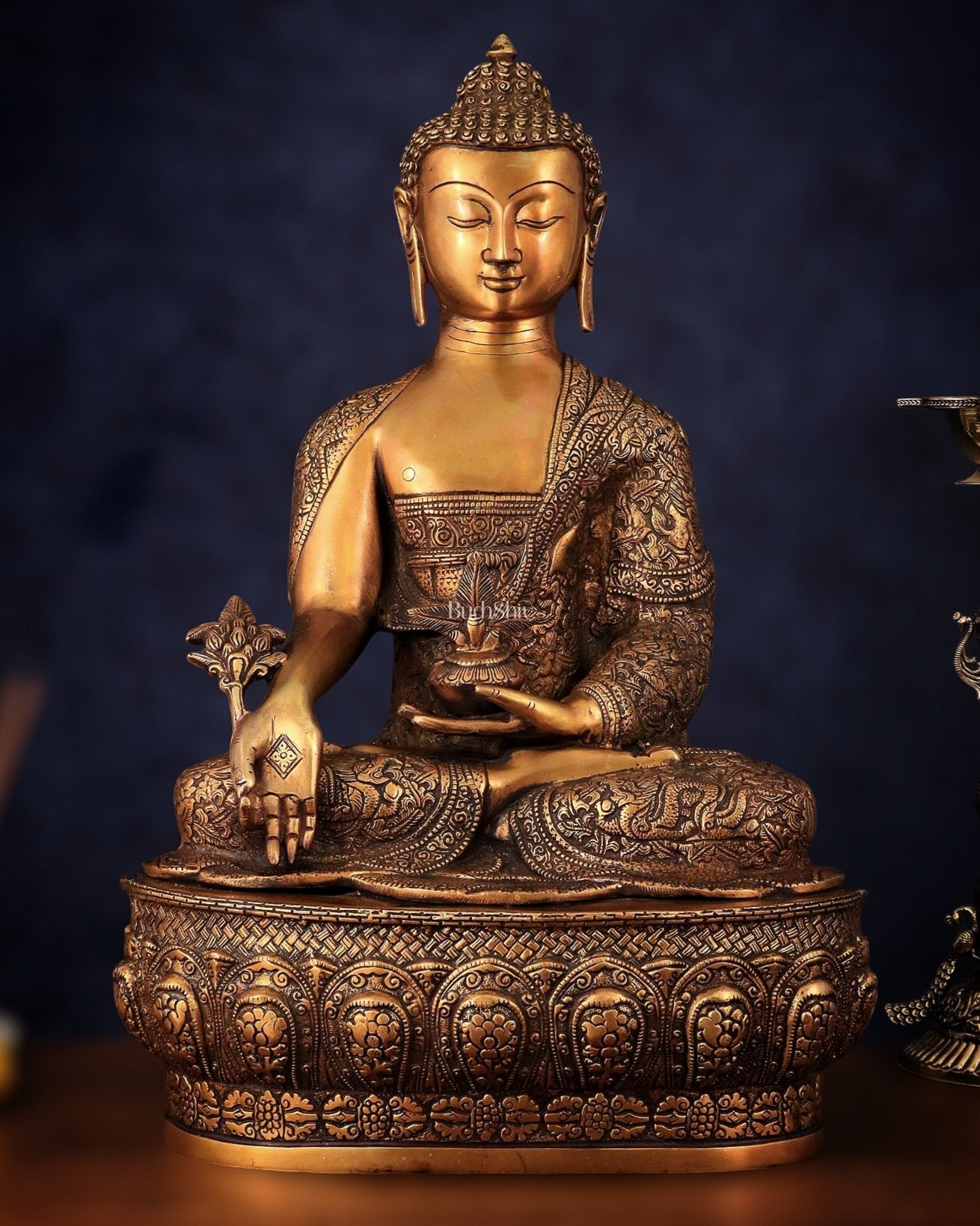 Pure Brass Handcrafted Medicine Buddha Statue with Dragon Carvings 22" - Sama Homes Idol - Brass Sculpture - Eco-friendly - Sama Homes