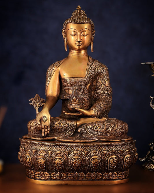 Pure Brass Handcrafted Medicine Buddha Statue with Dragon Carvings 22" - Sama Homes Idol - Brass Sculpture