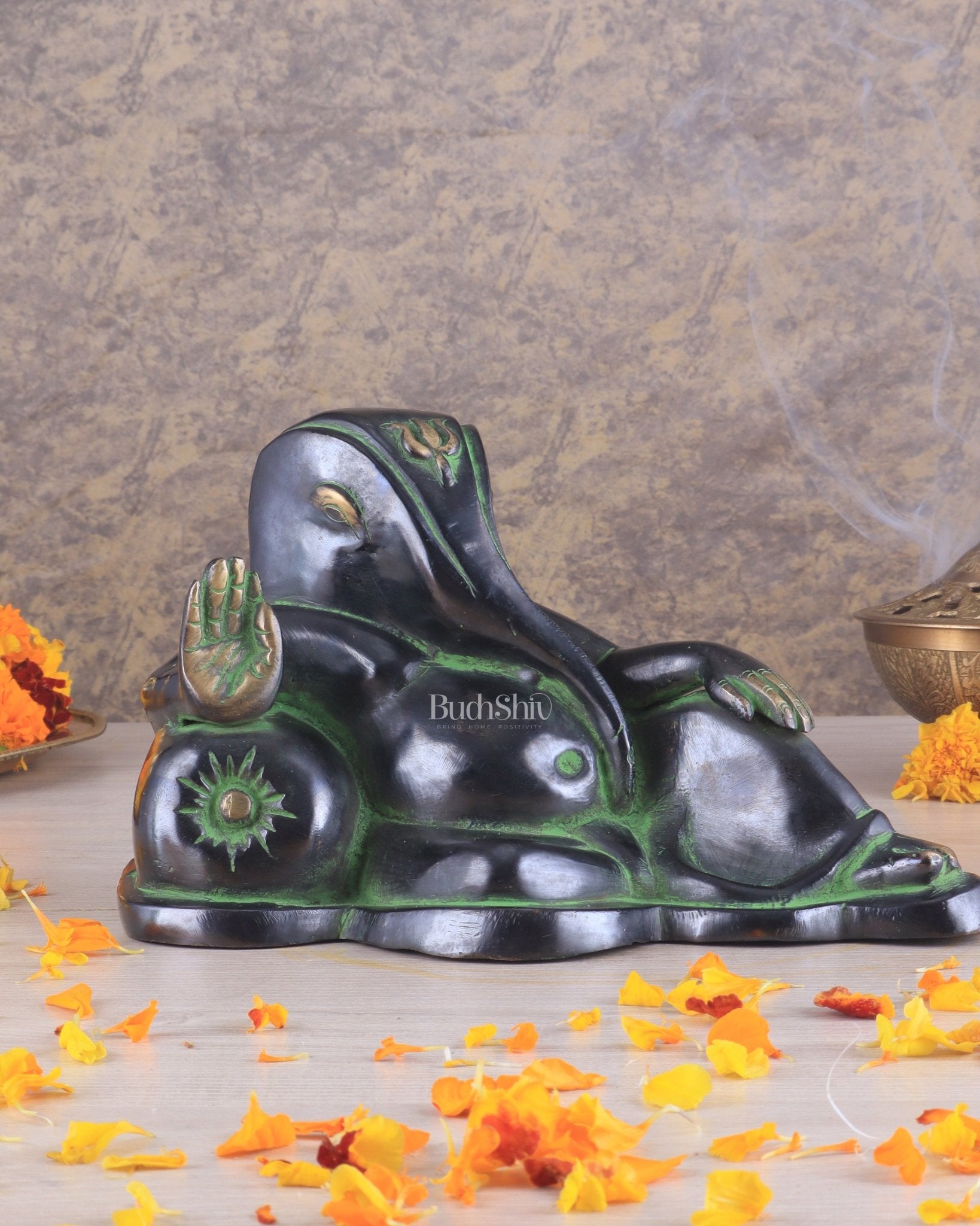 Pure Brass Handcrafted Modern Ganesha Statue in Resting Posture Vintage Black and Green Tone 11 inch - Sama Homes Idol - Brass Sculpture - Eco-friendly - Sama Homes