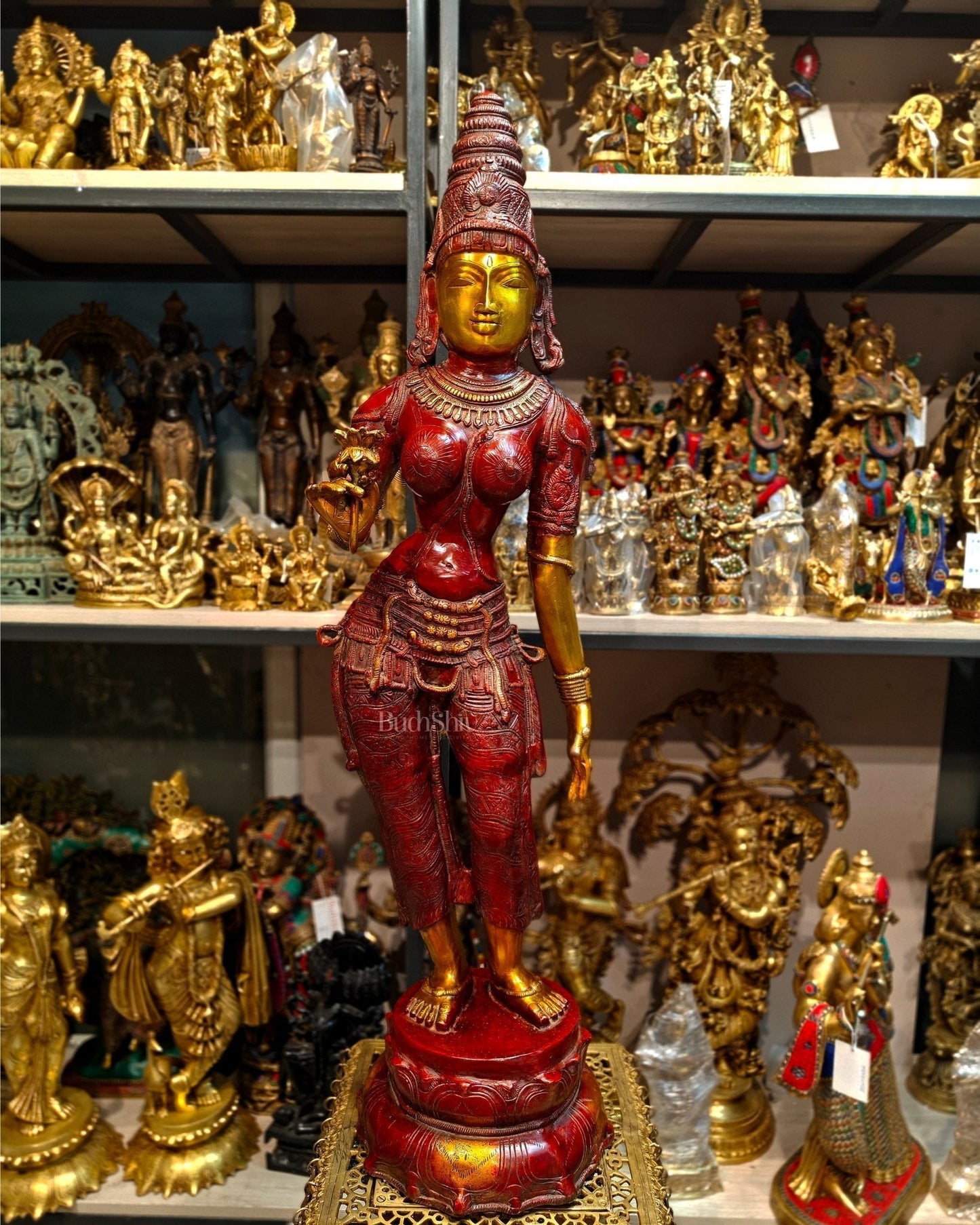 Pure Brass Handcrafted Standing Large Goddess Parvati Statue | 45" Height - Sama Homes Idol - Brass Sculpture