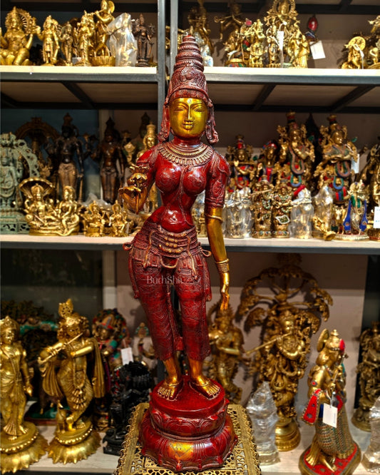 Pure Brass Handcrafted Standing Large Goddess Parvati Statue | 45" Height - Sama Homes Idol - Brass Sculpture