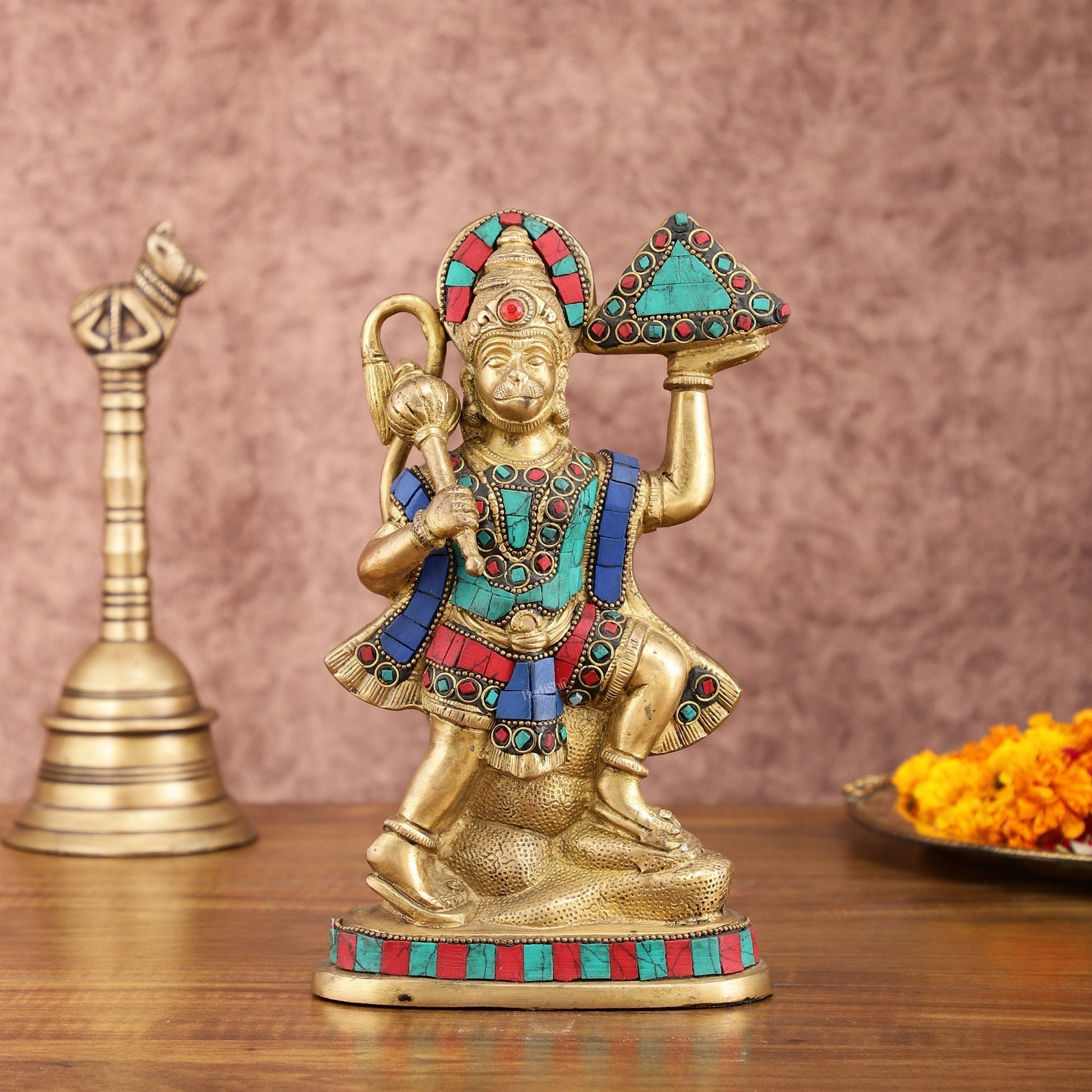 Pure Brass Hanuman Carrying Sanjeevani Mountain with Stonework | 9 Inch Height - Sama Homes Idol - Brass Sculpture - Eco-friendly - Sama Homes