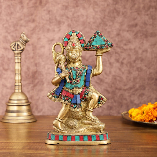 Pure Brass Hanuman Carrying Sanjeevani Mountain with Stonework | 9 Inch Height - Sama Homes Idol - Brass Sculpture