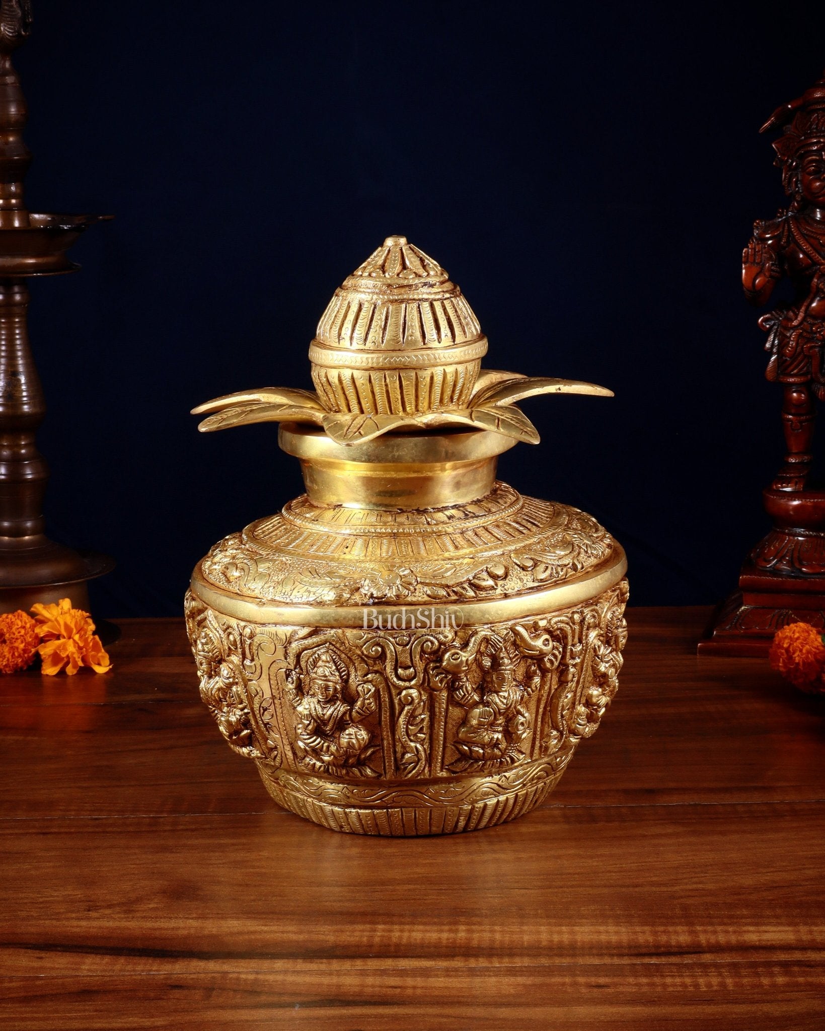 Pure Brass Heavy Ashtalakshmi Kalash with Detachable Top – 11” - Sama Homes Idol - Brass Sculpture - Eco-friendly - Sama Homes