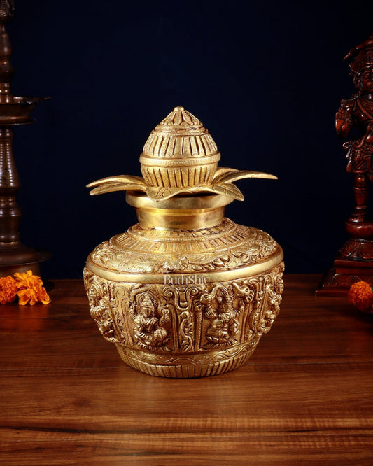 Pure Brass Heavy Ashtalakshmi Kalash with Detachable Top – 11” - Sama Homes Idol - Brass Sculpture