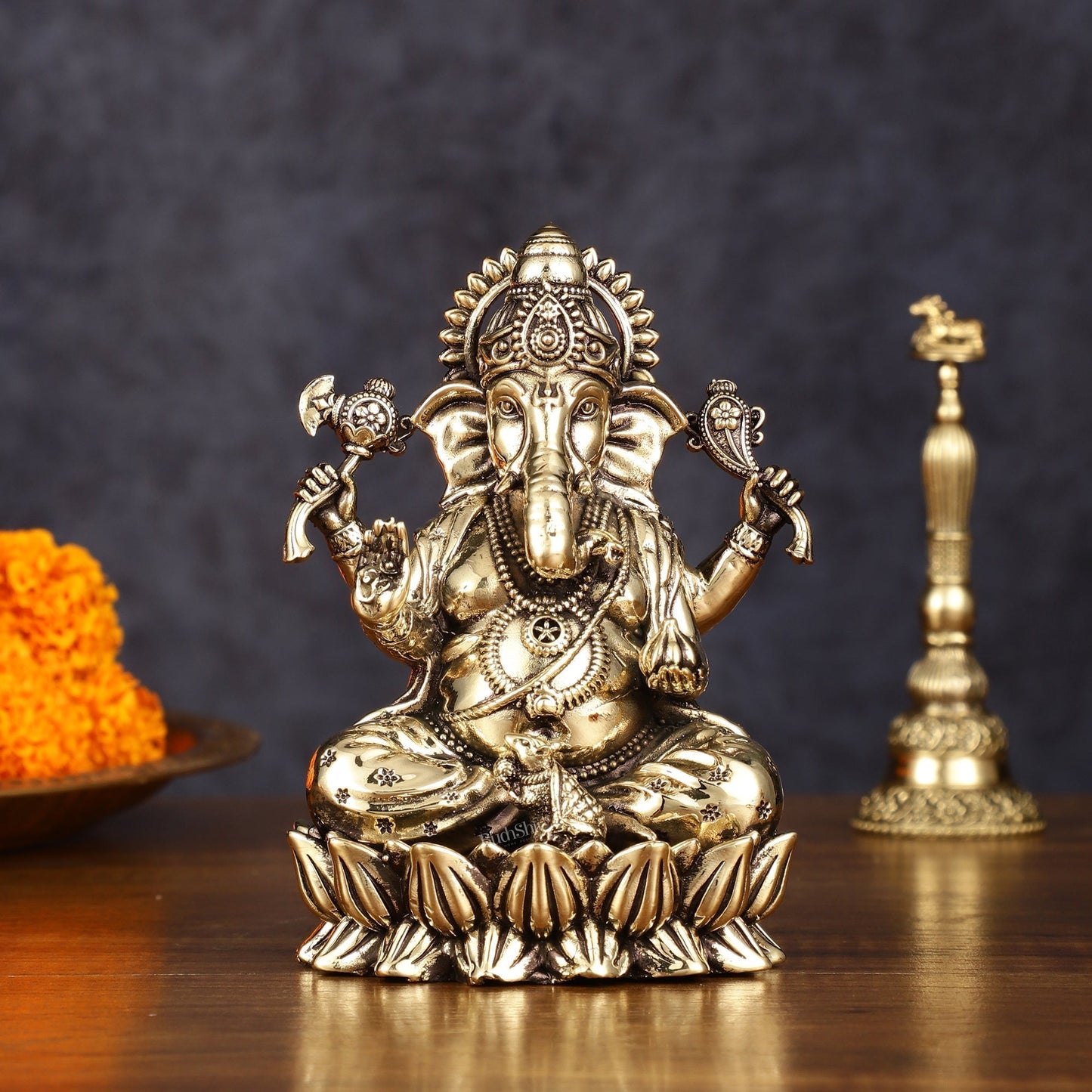 Pure Brass Intricate Ganesha Idol - Superfine Lightweight 5" - Sama Homes Idol - Brass Sculpture