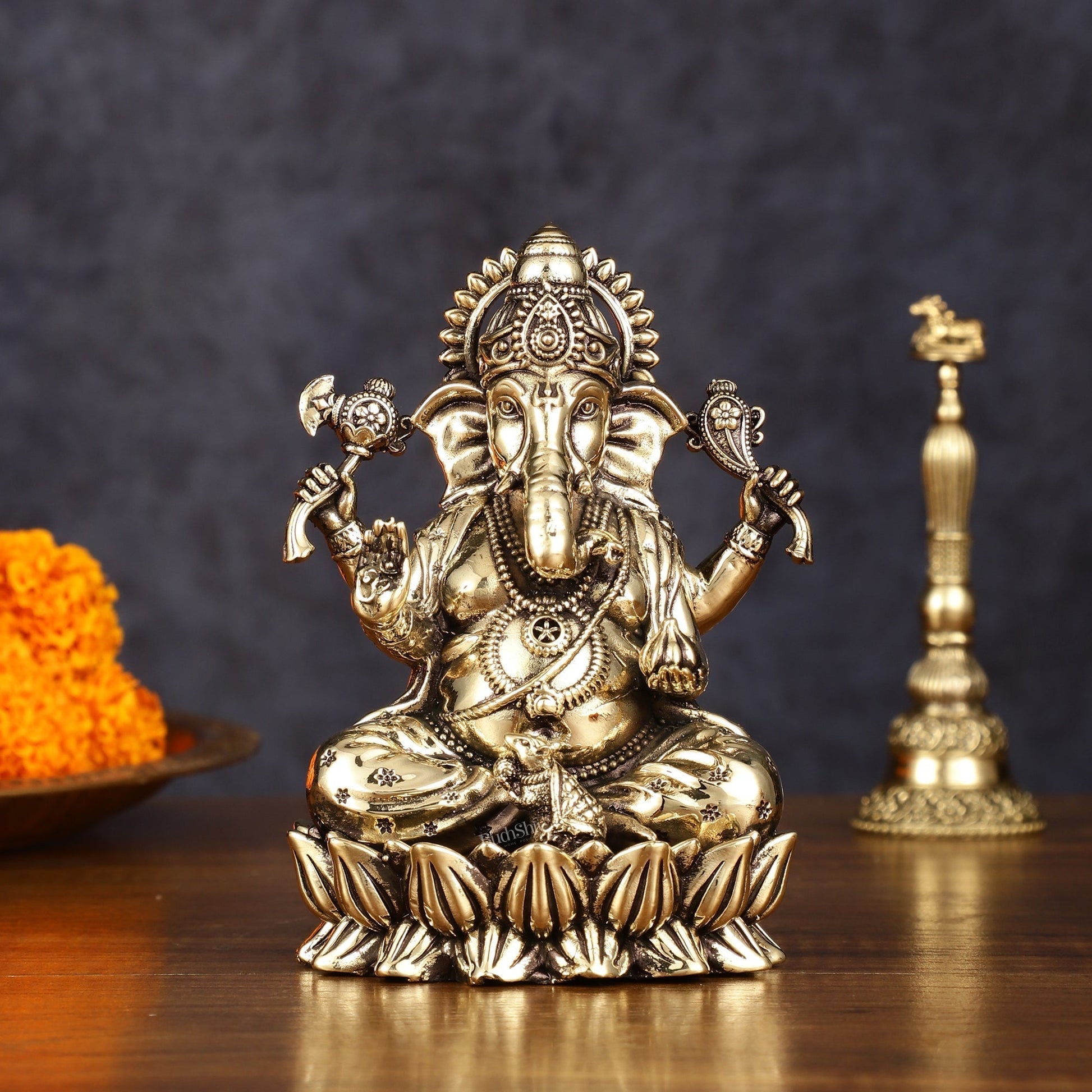Pure Brass Intricate Ganesha Idol - Superfine Lightweight 5" - Sama Homes Idol - Brass Sculpture - Eco-friendly - Sama Homes