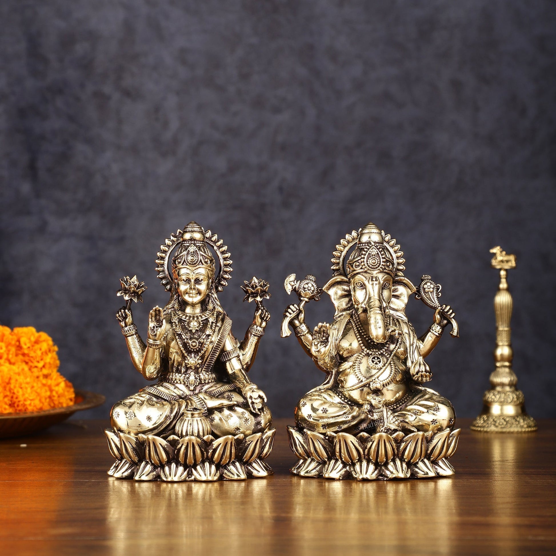 Pure Brass Intricate Ganesha Lakshmi Idols - Superfine Lightweight - 5 inch - Sama Homes Idol - Brass Sculpture - Eco-friendly - Sama Homes