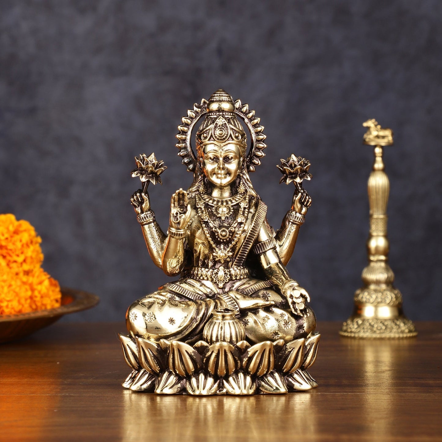 Pure Brass Intricate Lakshmi Idol - Superfine Lightweight 5" - Sama Homes Idol - Brass Sculpture