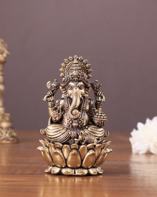 Pure Brass Intricate Superfine Ganesha Idol 3" - Sama Homes Idol - Brass Sculpture