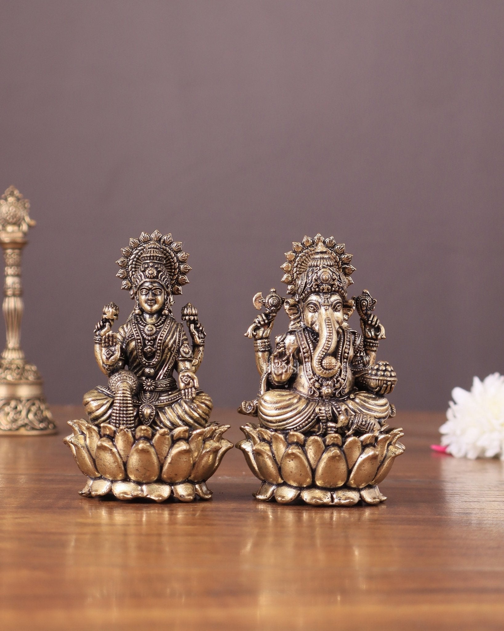 Pure Brass Intricate Superfine Ganesha-Lakshmi Idol Pair 3" - Sama Homes Idol - Brass Sculpture - Eco-friendly - Sama Homes