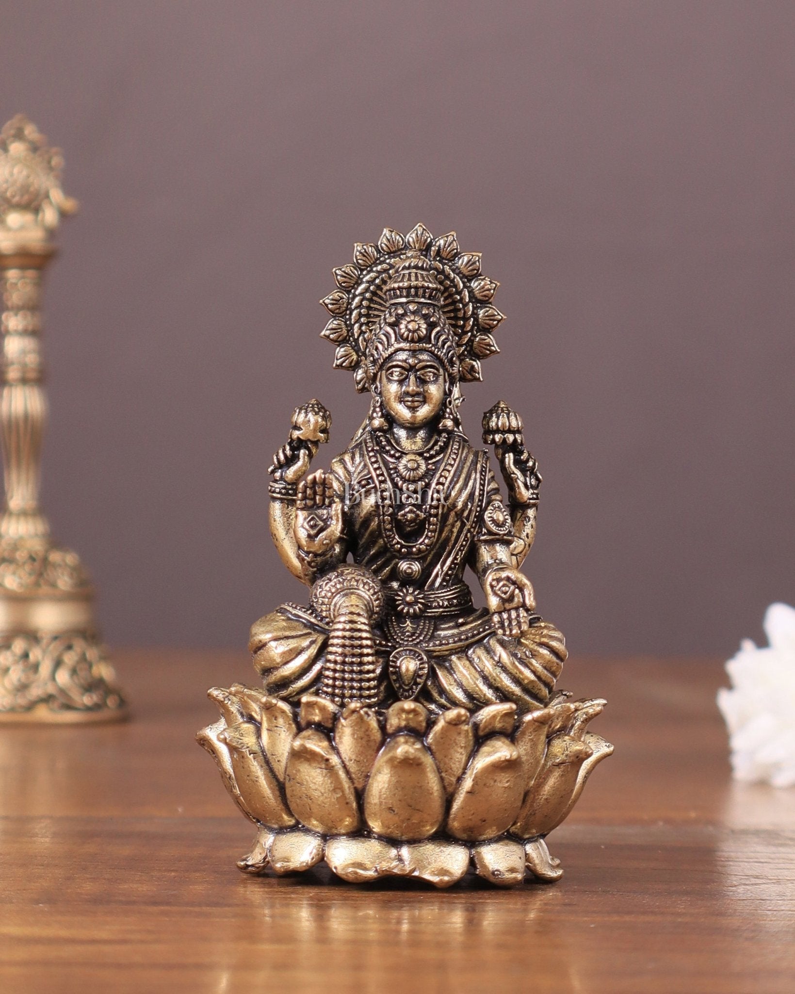 Pure Brass Intricate Superfine Lakshmi Idol 3" - Sama Homes Idol - Brass Sculpture - Eco-friendly - Sama Homes
